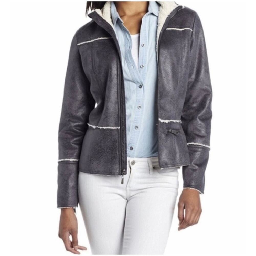 Prana Women’s Sz L Blue Shearling Lined Jacket Full Zip Esme Faux Suede Embossed